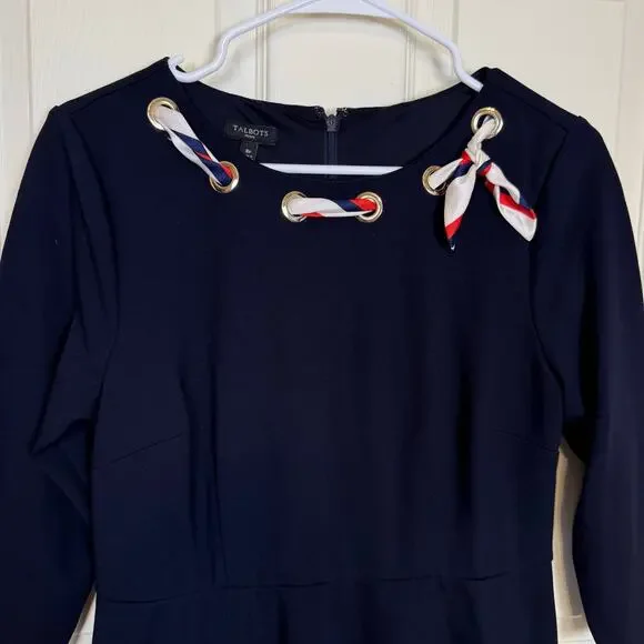Talbots Ponte Fit & Flare Dress Navy Nautical USA Scarf Detail 8P EUC - Picture 3 of 5